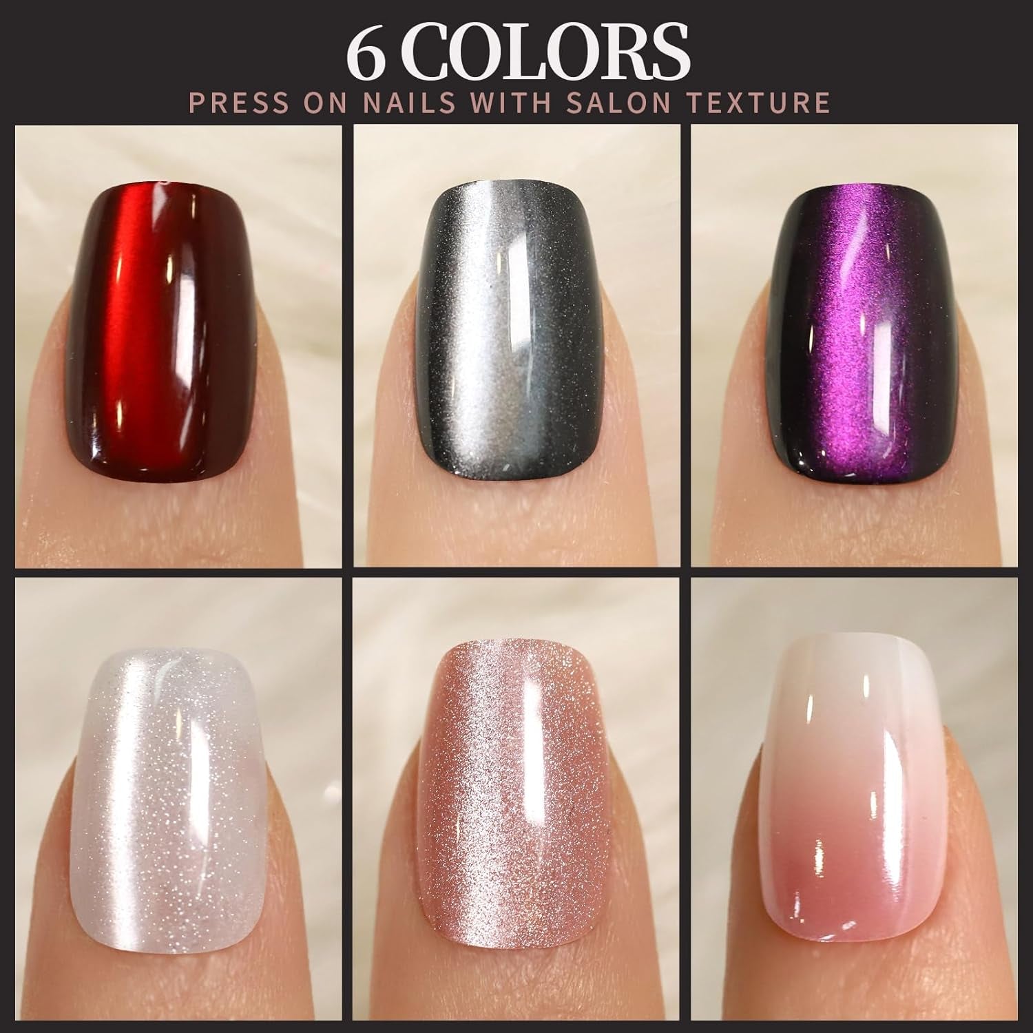 Cat Eye Press on Nails, 6 Colors Press on Nails Short Square, Natural Fake Nails Fine Diamond Shine, Glossy Ombre, Cat Eye Nails for Women with Salon Quality, Press on Nails Kit