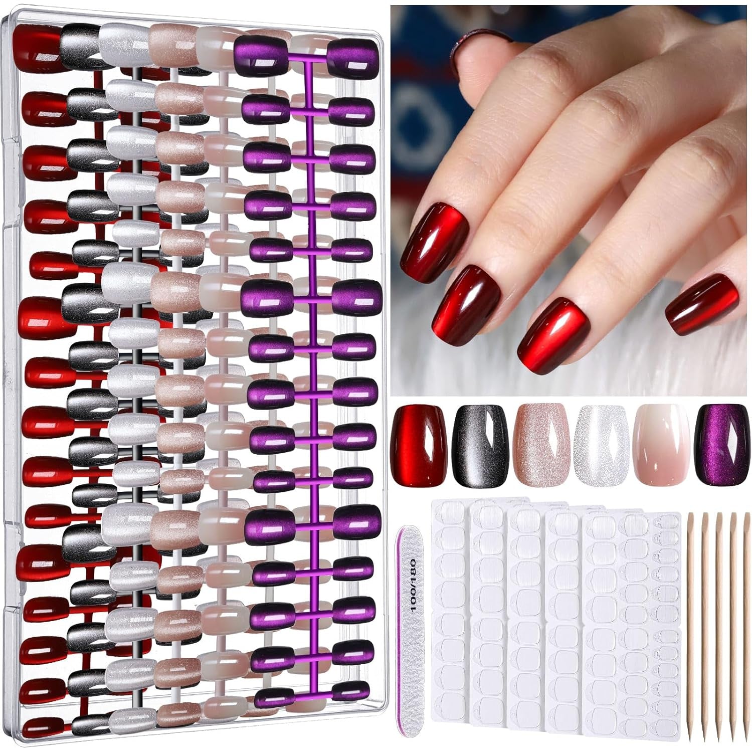 Cat Eye Press on Nails, 6 Colors Press on Nails Short Square, Natural Fake Nails Fine Diamond Shine, Glossy Ombre, Cat Eye Nails for Women with Salon Quality, Press on Nails Kit