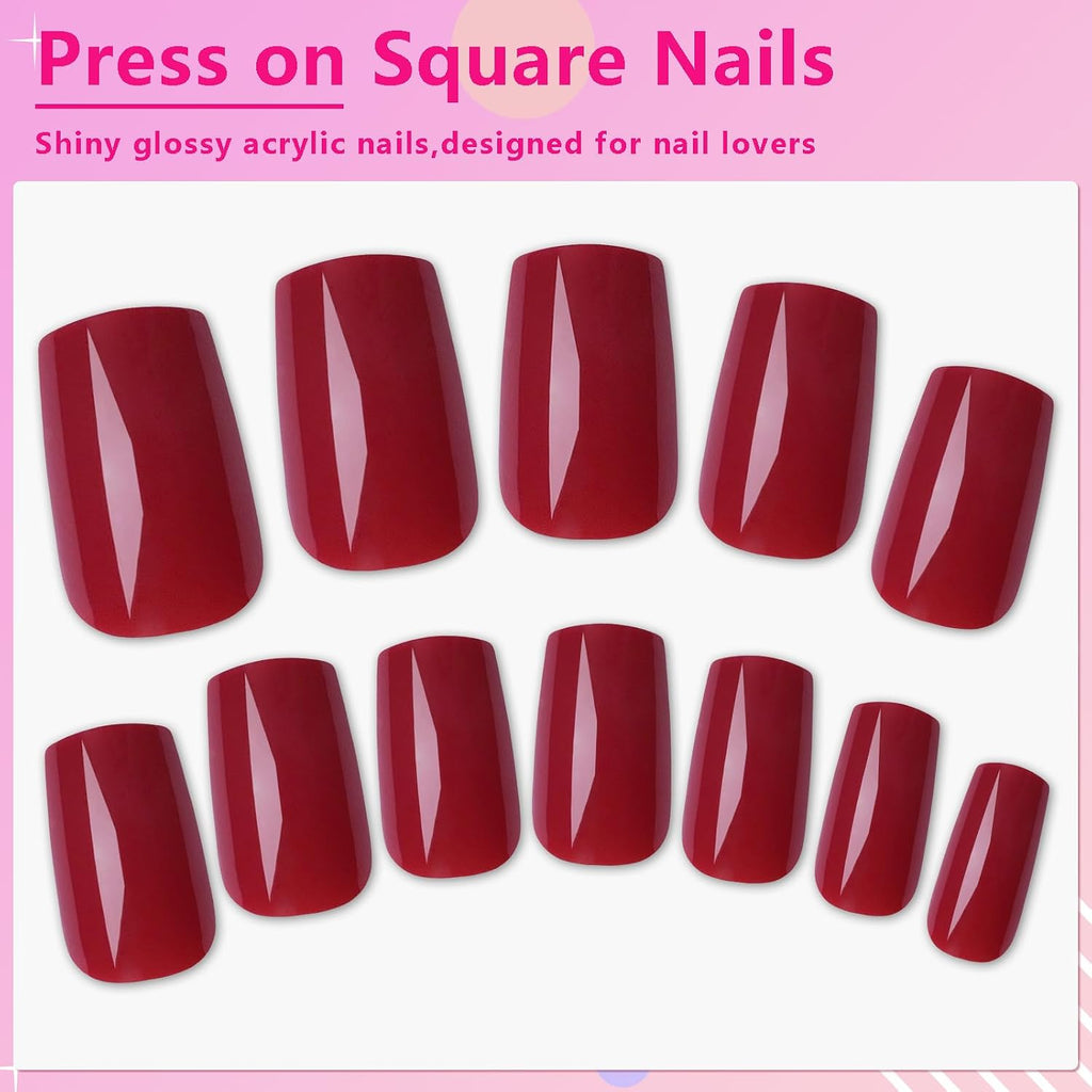 240Pcs Red Press on Nails Medium Square Fake Nails, Glossy Acrylic Press on Nails Gel False Nails with Adhesive Stick for Women