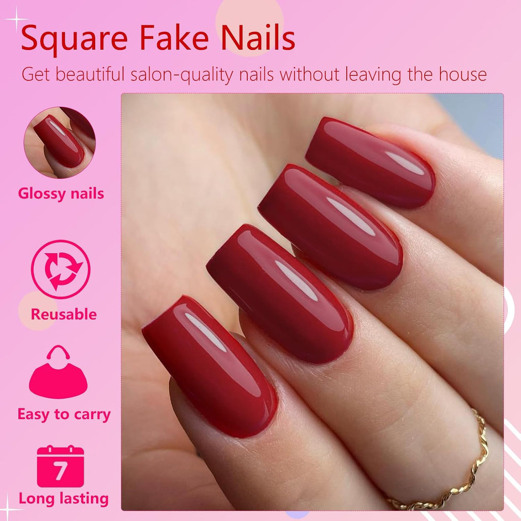 240Pcs Red Press on Nails Medium Square Fake Nails, Glossy Acrylic Press on Nails Gel False Nails with Adhesive Stick for Women