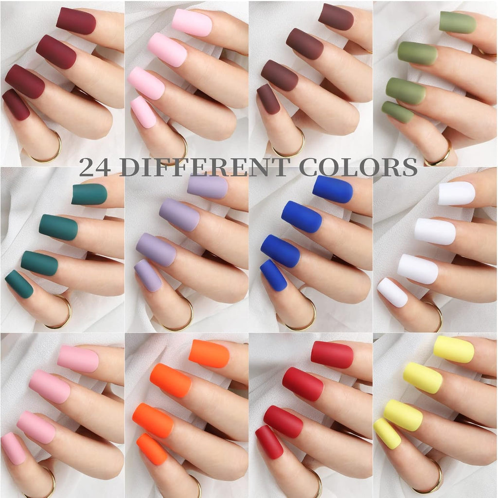 Matte Press on Nails, 24 Packs 576PCS Press on Nails Medium Square Matte, Lightweight Natural Fake Nails Full Cover, False Nails with Glue
