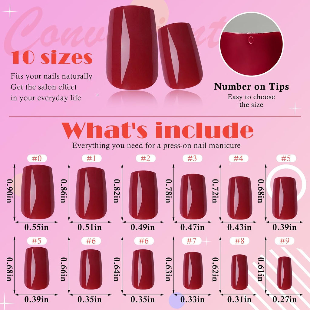 240Pcs Red Press on Nails Medium Square Fake Nails, Glossy Acrylic Press on Nails Gel False Nails with Adhesive Stick for Women
