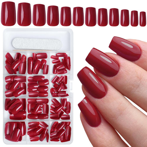 240Pcs Red Press on Nails Medium Square Fake Nails, Glossy Acrylic Press on Nails Gel False Nails with Adhesive Stick for Women