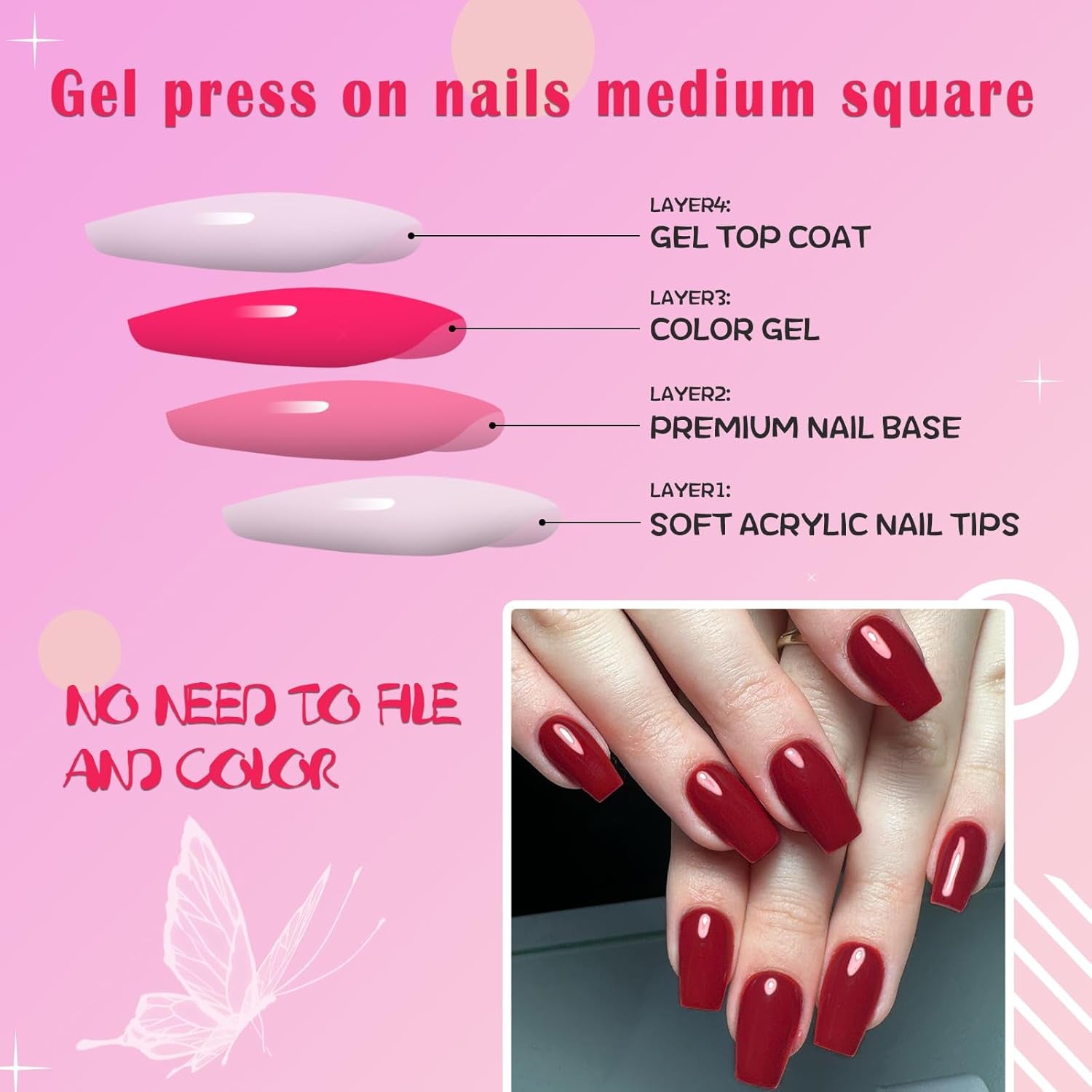240Pcs Red Press on Nails Medium Square Fake Nails, Glossy Acrylic Press on Nails Gel False Nails with Adhesive Stick for Women